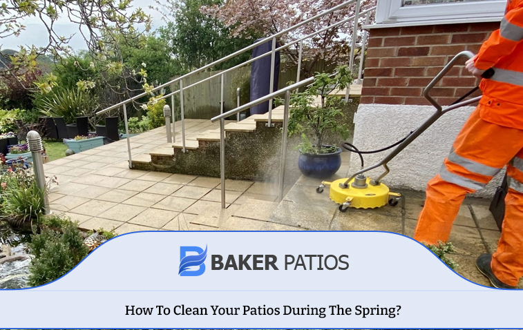 Worker scrubbing the surface with machinery for spring patio cleaning.